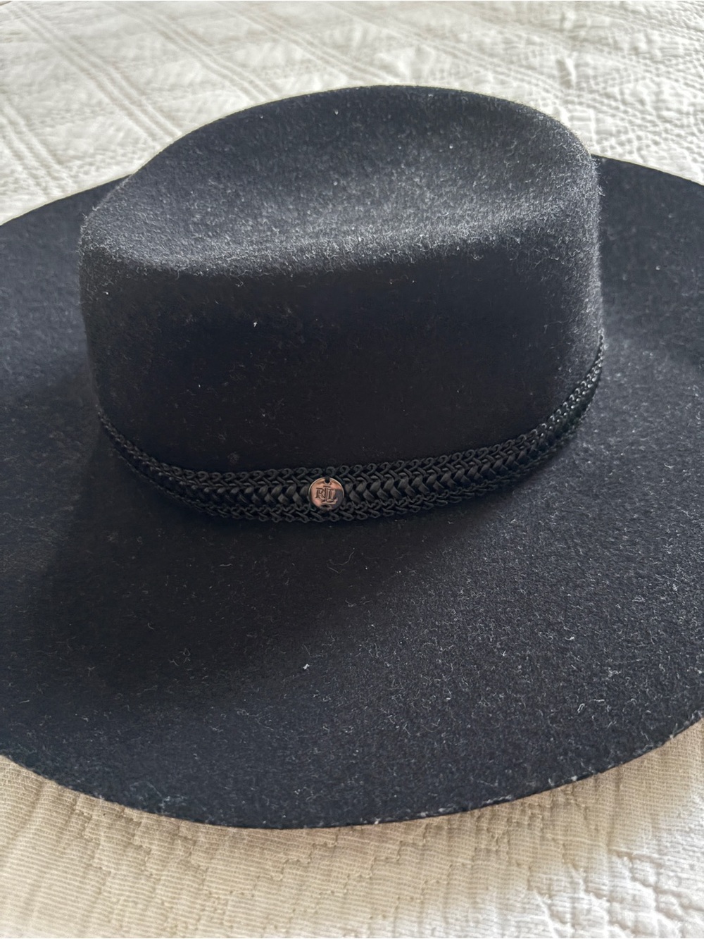 Lauren Ralph Lauren Black Wool Felt Wide-Brim Hat with Braided Trim